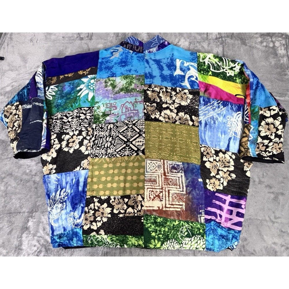 Vintage 80s Patchwork Rayon Batwing Jacket One Size Boho Art To Wear - Picture 6 of 12